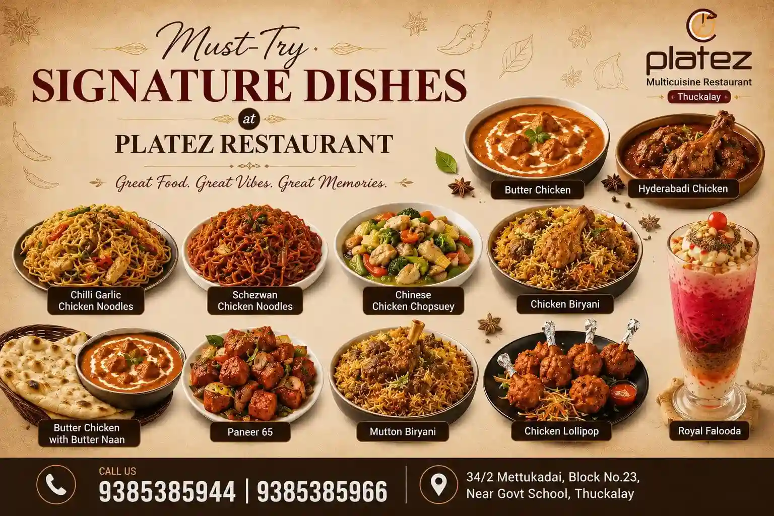 Signature Dishes at Platez Restaurant Thuckalay