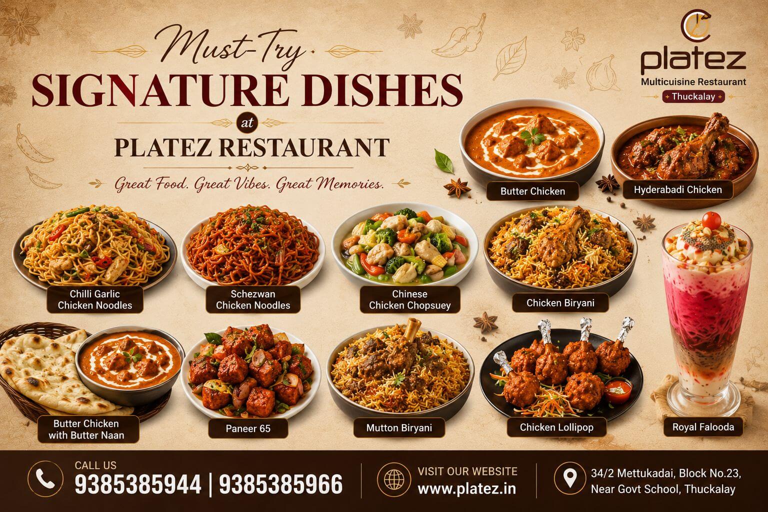 Signature Dishes at Platez Restaurant Thuckalay