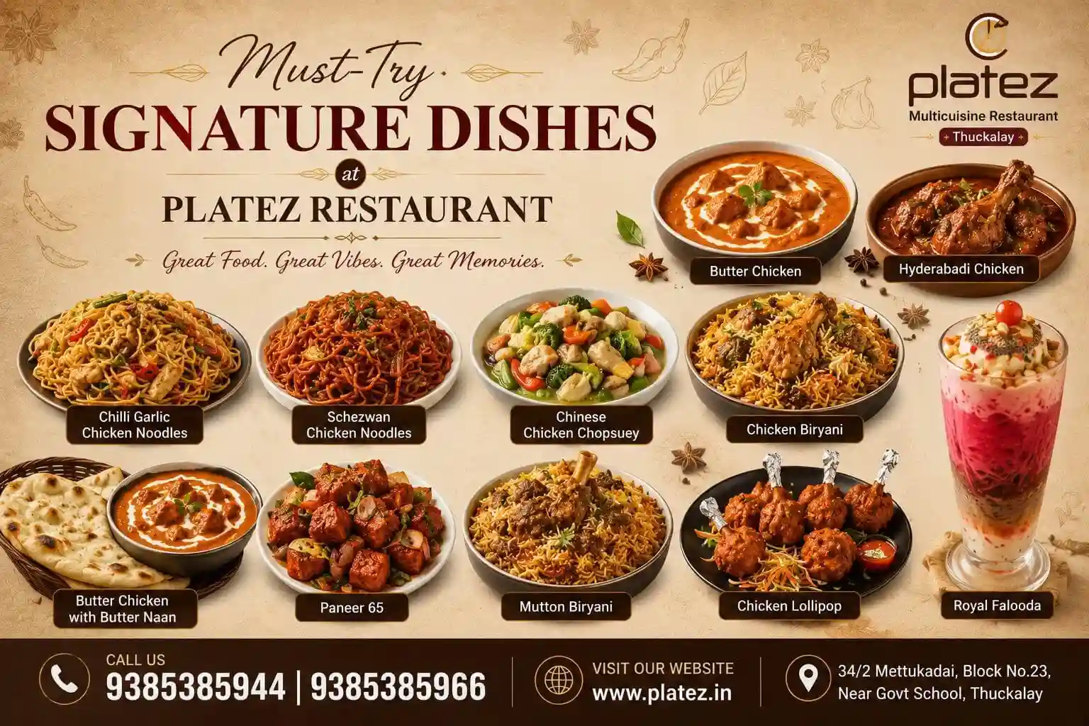 Signature Dishes at Platez Restaurant Thuckalay